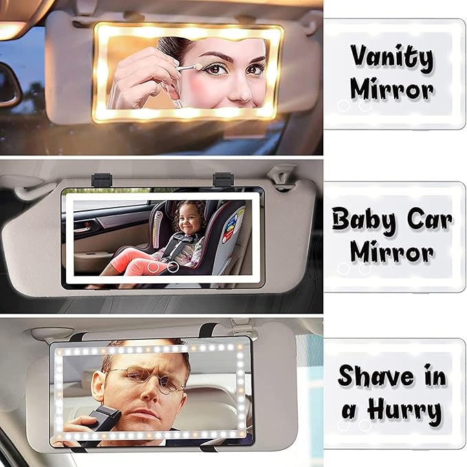 Car Visor Mirror with Rechargeable LED Light - 3 Light Modes & Dimmable Touch Screen - Clip on Big Sun Visor Vanity Mirror for Truck - Passenger Princess Car Accessories for Women Girl- White
