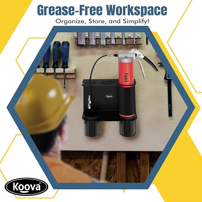 Koova Grease Gun Holder | Tractor Grease Gun Garage Organizer Wall Mount | Includes Removable Drip Cups & Spare Cartridge Holder | Truck & Tractor Accessories | Shop/Garage Wall Organizer | USA Made