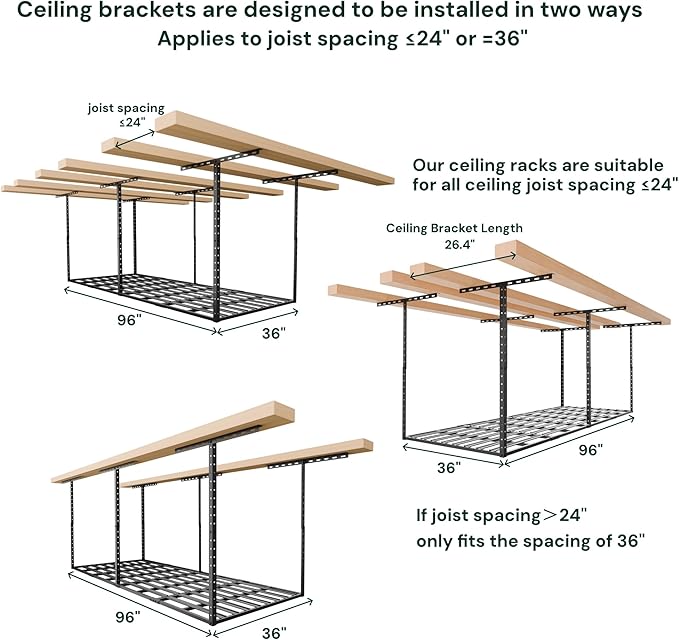 SunsGrove 3x8 Garage Storage Overhead Rack Organization, Adjustable Ceiling Mounted Storage Racks, 800LBS Weight Capacity, 22"-40" Ceiling Dropdown, Black