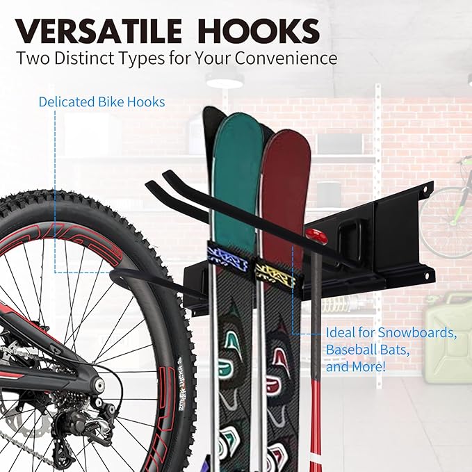 Garage Organization, 48 Inch Garden Tool Organizer Max Load 525 lb, Garage Tool Organizer Wall Mount with 7 Organization Hooks and Bike Hooks, Updated 16 Inch Studs Spacing