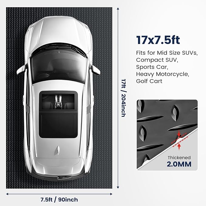 7.5 x 17 FT Garage Floor Mat, Thickened PVC Parking Mat, Anti-Slip Garage Floor Runner & Protector Mat Fits for SUVs, Compact SUV, Sports Car, Heavy Motorcycle, Golf Cart