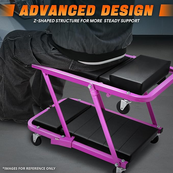 DNA MOTORING 48" 2 IN 1 Folding Rolling Garage Shop Creeper Roller Seat, 7 Pcs 2" Casters, 350 Lbs Weight Capacity, Purple, TOOLS-00193-PR