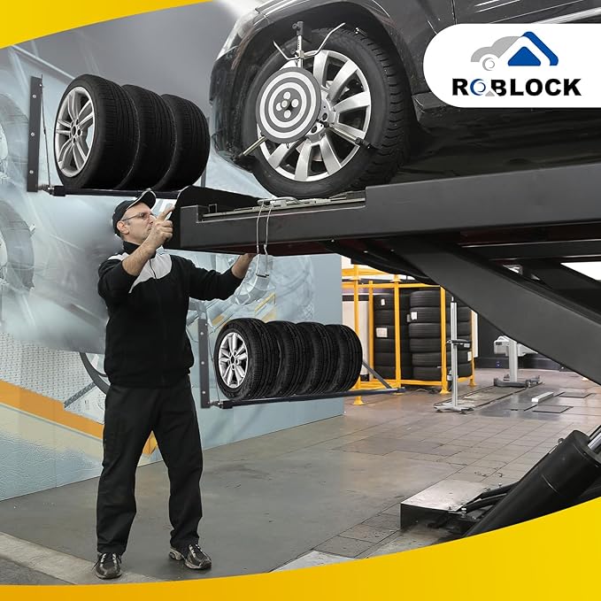 ROBLOCK Adjustable Tire Rack Wall Mount for Garage, Folding Wheel Spare Tire Carriers with Heavy Duty Steel, Adjustable Length(32"-48"), Grey