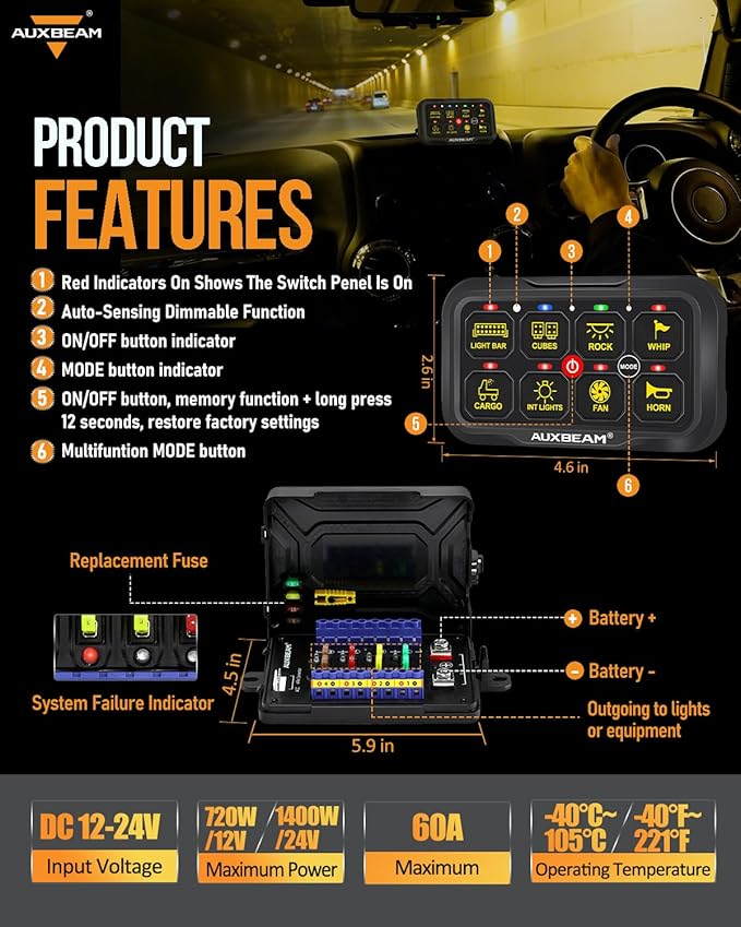 Auxbeam RGB Bluetooth 8 Gang Switch Panel AR-820 Toggle Momentary Pulsed Switch Pod for Truck UTV Offroad Boat Auxiliary LED Light Controller with Circuit Relay System Box Waterproof, 2-Year Warranty