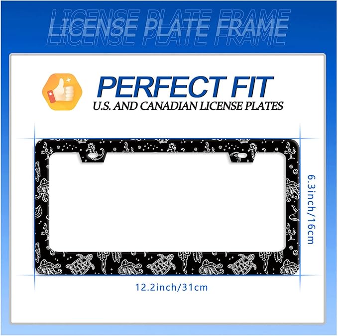Turtles License Plate Frame Black and White Sea Turtle License Plate Stainless Steel Funny License Plate Holder Men Women Ocean Animal Car Accessory Decoration 12.3" x 6.3"
