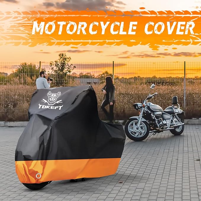 Motorcycle Cover, All-Season Waterproof Outdoor Sun Protection Fit up to 104 Inch Harley-Davidson Honda Suzuki Kawasaki Yamaha (XXL Black&Orange)