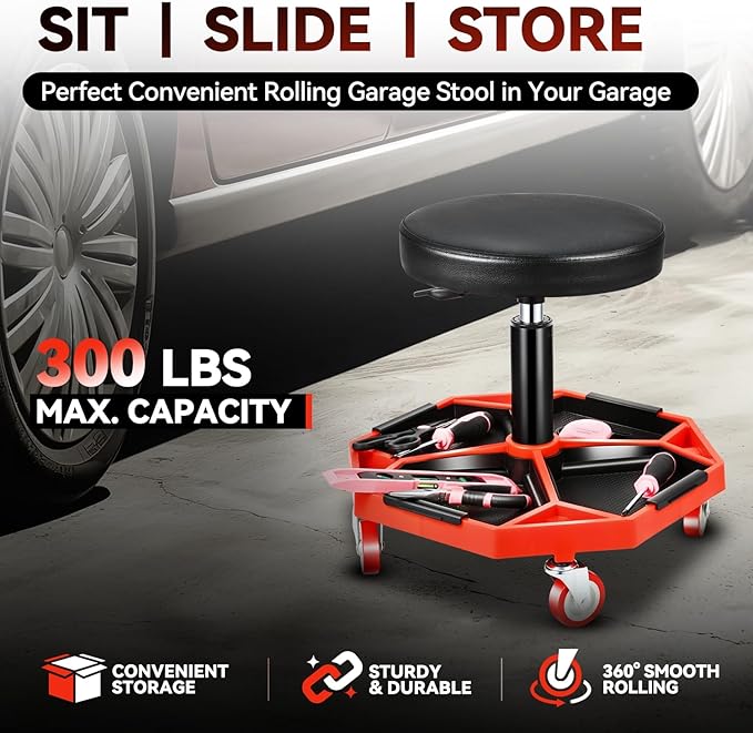 Auto Dynasty Mechanic Stool, Adjustable Rolling Pneumatic Creeper Garage Shop Seat with Tool Tray, 300 LBS Roller Seat for Workshop Auto Repair, Adjustable Height 15.7" to 21", Black/Red