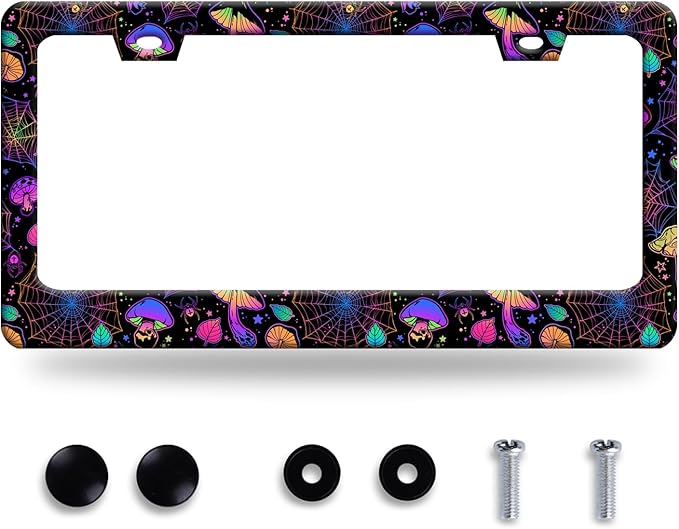 Hippie Mushroom License Plate Frame Mushrooms License Plate Stainless Steel Funny License Plate Holder Colorful Car Accessory with Screws Car Decoration 12.3" x 6.3" for Men Women
