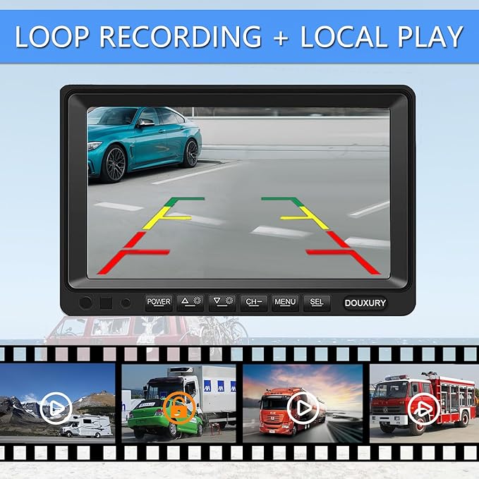Backup Camera System with 9'' Quad Split 1080P Monitor for RV Trailer Semi Truck Camper Bus & 4 AHD Rear Side View Camera with DVR Record Function Night Vision IP69 Waterproof Avoid Blind Spot DOUXURY
