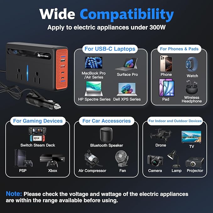 RoyPow 300W Car Power Inverter, DC 12V to 110V AC Power Inverter with Cigarette Lighter Port, Car Plug Adapter Outlet with 3.4A USB-A, QC3.0 24W, PD 30W, PD 36W, Dual AC Outlets, Car Charger Adapter