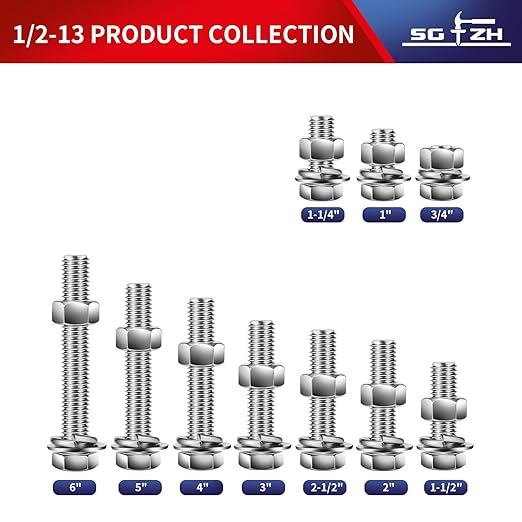 1/2-13 x 6" Hex Head Screw Bolt, Nuts, Flat & Lock Washers, 20Pcs 18-8 (304) Stainless Steel, Fully Threaded, by SG TZH