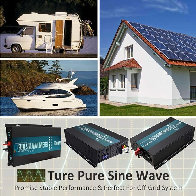 WZRELB 5000W High Efficiency Solar Power Inverter Off Grid 12V DC Voltage Converter Pure Sine Wave Dual 120V AC Outlets