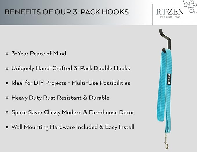 RTZEN Wall Mount Hook Set - Wrought Iron Decorative Rustic Metal Coat Hooks for Hanging - Handcrafted Classic Farmhouse Wall Mounted Black Hooks for Towel Robe or Hat Hanging - 3 Pack