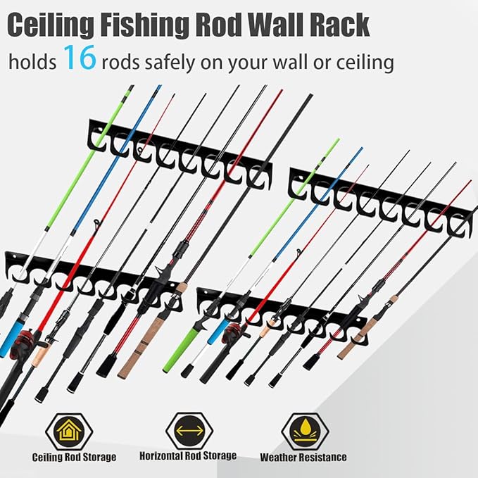 Wall Mounted Fishing Rod Rack Holder Ceiling Storage Hook Hanger Display Metal Horizontal Rack Oranizer Poles Steel Racks Holds up to 16 Rods with Soft Protective Pad for Garage Cabin and Basement