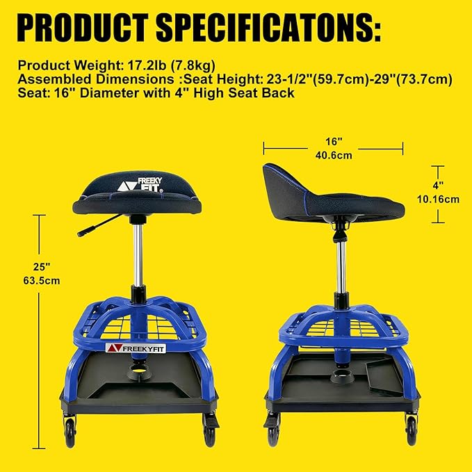 Rolling Shop Stool with Wheels, Garage Work Mechanic Stool with Backrest, Roller Mechanic Chair, Adjustable Height, 360° Swivel, Tool Tray Storage, 330 LBS Capacity, Heavy Duty, Blue