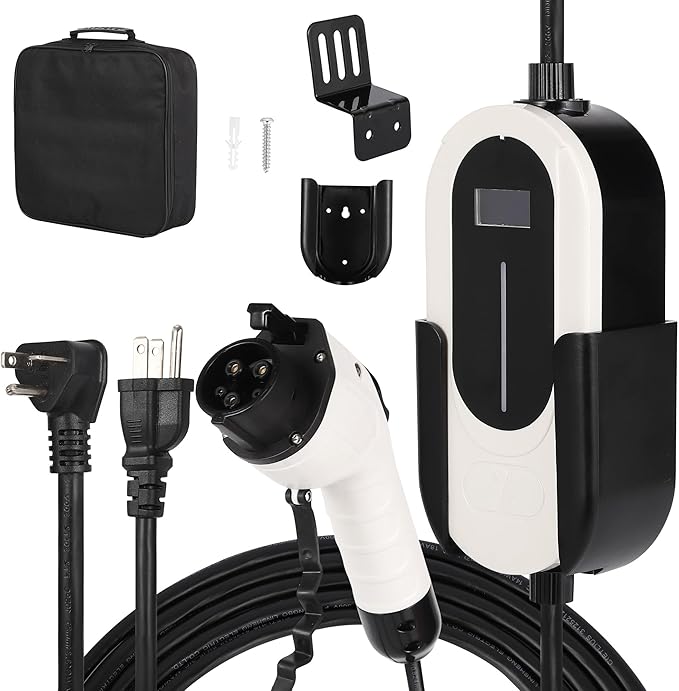 Level 1&2 EV Charger, 16A 110-240V Dual Voltage, NEMA 6-20 & 5-15 Plug, 25ft Cable, Adjustable Current/Delay Timer, SAE J1772 Listed Portable Electric Car Charger for Indoor/Outdoor Use