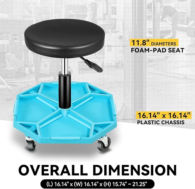 Auto Dynasty Mechanic Stool, Adjustable Rolling Pneumatic Creeper Garage Shop Seat with Tool Tray, 300 LBS Roller Seat for Workshop Auto Repair, Adjustable Height 15.7" to 21", Black/Blue