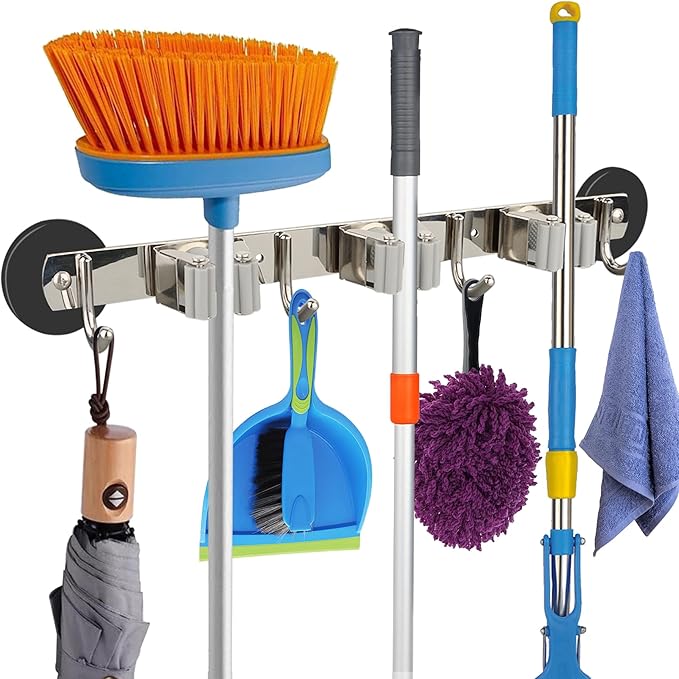 MUTUACTOR Magnetic Broom Holder,Non-slip Heavy Duty Broom and Mop Hanger Metal Tool Holder 3 Racks and 4 Hooks for Laundry Garage Kitchen Factories Workshops Organization and Storage(1 Set)