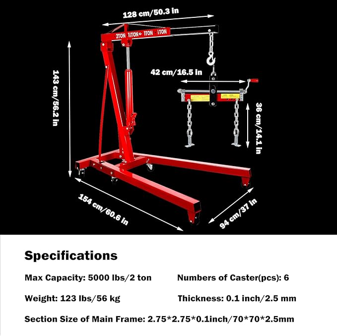 5000LBS Folding Hydraulic Engine Hoist with Lever, Heavy-Duty Cherry Picker Shop Crane with 6 Casters, Engine Lifter for Garage, Workshop & Warehouse, Red