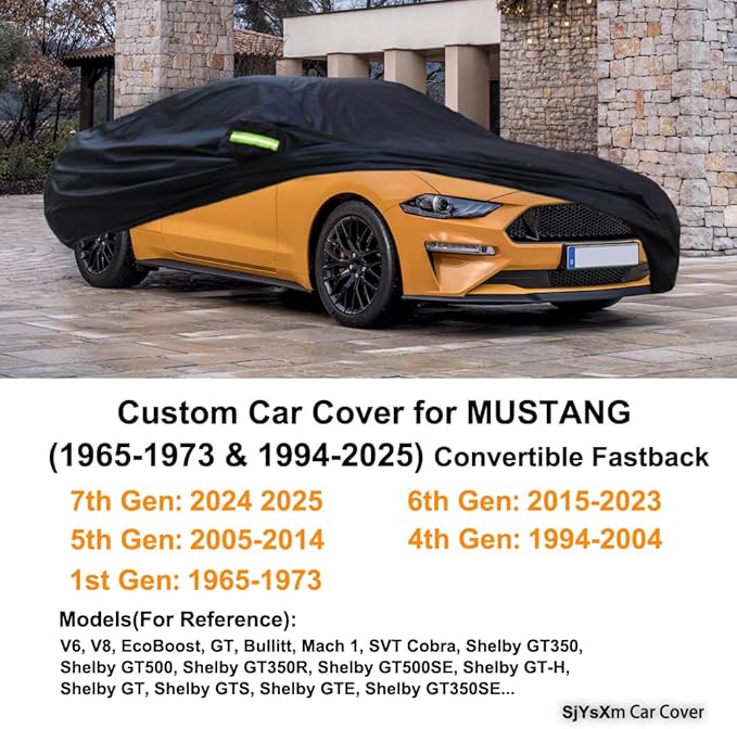 Custom Car Cover Compatible with Ford Mustang 2025-1994 1965-1973 Convertible Coupe, Waterproof All Weather Mustang Cover with Cotton Lining, Heavy Duty Rain Snow Sun UV Covers for Outdoor