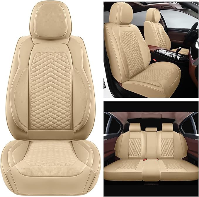 Car Seat Covers Full Set Leather Seat Covers Automotive Seat Covers Universal Car Seat Cover for Most Cars Beige
