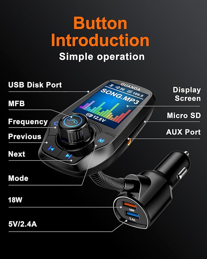 Upgraded Bluetooth FM Transmitter for Car, Wireless Radio Adapter Kit W 1.8" Color Display Hands-Free Call AUX in/Out SD/TF Card USB Fast Charge 18W for All Smartphones Audio Players - Black
