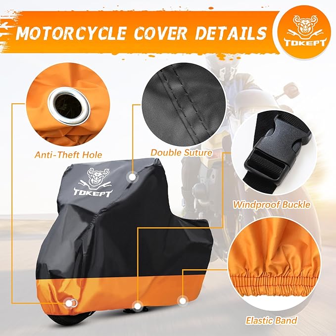 Motorcycle Cover, All-Season Waterproof Outdoor Sun Protection Fit up to 86 Inch Harley-Davidson Honda Suzuki Kawasaki Yamaha (M Black&Orange)