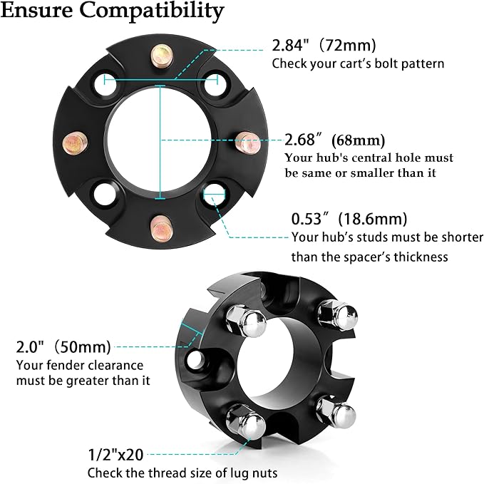 10L0L Golf Cart 2 inch Wheel Spacers for Yamaha, EZGO, Club Car (4x72mm Bolt Pattern, 68mm Hub Bore, 1/2-20 Studs) 4 Pack, Black
