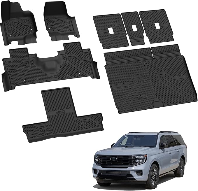 LASFIT Floor Mats & Cargo with Backrest Mat for Ford Expedition Max & Lincoln Navigator L 7 Seats 2025 (Not fit 8 Seats),Costom Fit All Weather Protection TPE Easy Clean Floor Liners,Full Set,Black