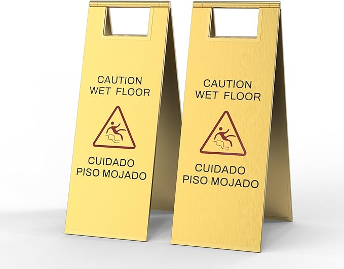 Stainless Steel Wet Floor Sign 2 Pack, 24 Inch Double-Sided Foldable Caution Sign with Handle, 8.8 lb Bilingual Warning for Restaurant, Office, Commercial Cleaning Use, Gold
