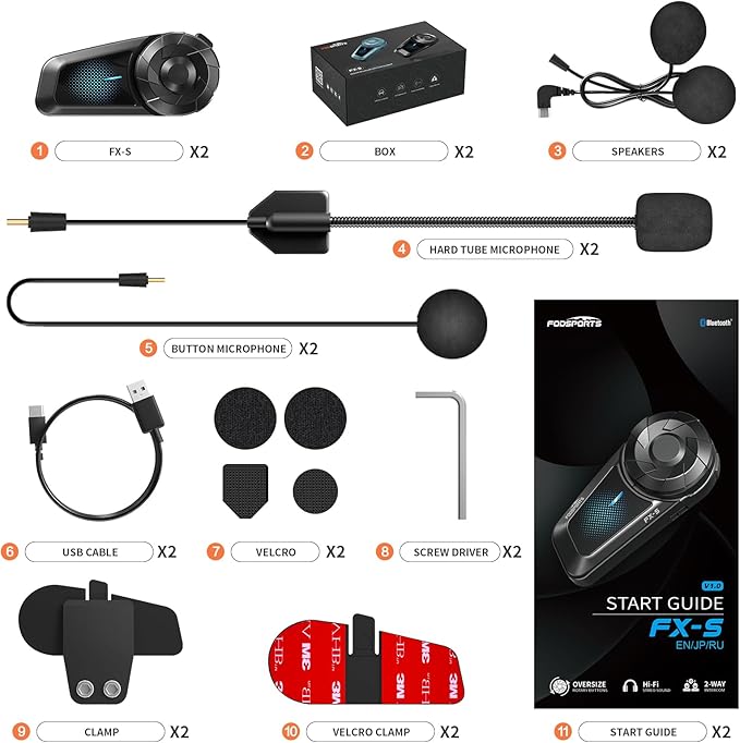 Fodsports FX-S Motorcycle Bluetooth Headset V5.4, 2-Way Helmet Intercom Communication System with IP67 Waterproof, CVC Noise Cancellation, Hands-Free Music/Call, 2 Type Mics, Black, 2 Pack