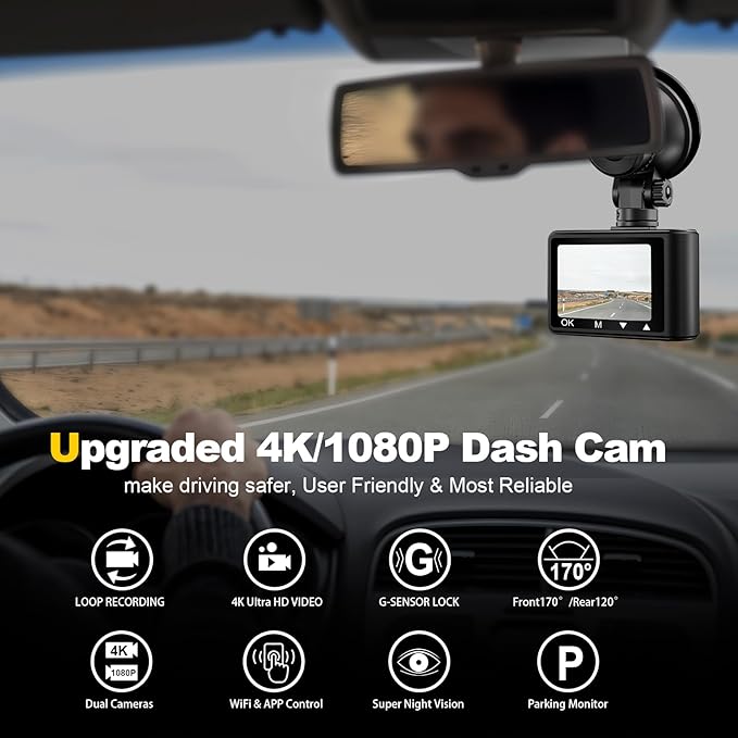 Dash Camera, 4K/1080p Dash Camera Front and Rear, Built-in 5GWiFi, Dash Cam with 64GB SD Card, Full HD 2.0” IPS Screen, for App Control, G-Sensor, Loop Recording, and Parking Mode