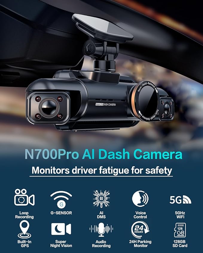 AI Dash Cam Front Rear Inside, 4 Channel 3k+1080P*3 Dashcam with Smart Driving Monitor System, 360° View Car Cameras 5GHz Wi-Fi GPS, Camera for Car Night Vision 128GB SD Card, 24H Parking Mode N700Pro