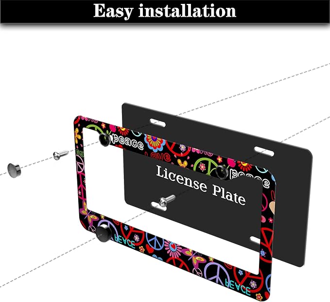 Car License Plate Frame Multicolor License Plate Frames Hippies Peace Flower Aluminum Metal Car Accessory 2 Pack with Screw Covers Set