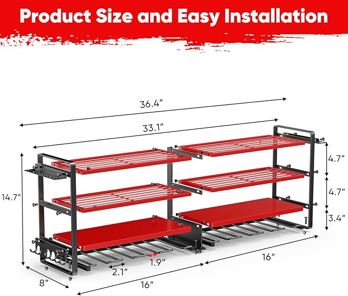 Upgrade Large power tool organizer Wall Mount,4 Layers Heavy Duty Metal Loads 400lbs Power Tool Hanger Shelf Battery Storage with 8 Cordless Drill Bit Holder,Utility Racks for Garage Tool Room