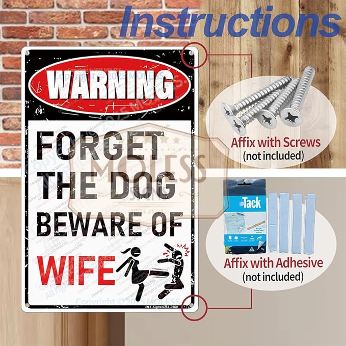 'Forget the Dog – Beware of Wife!' Funny Man Cave Decor for Men | 12x8″ Durable Vintage Metal Man Cave Signs Wall Decorations for Basement/Garage/Mancave, 2360
