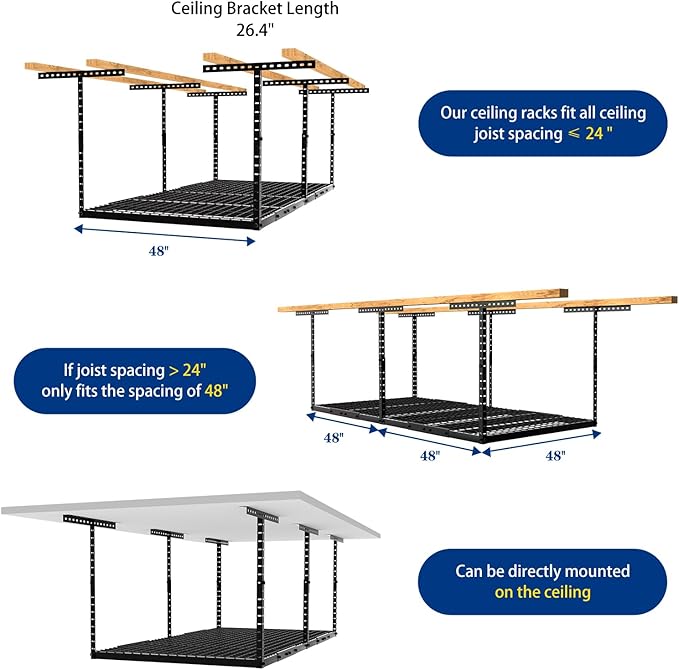 4x8 Overhead Garage Storage Rack with 4 Extra Hooks – Adjustable Heavy-Duty Ceiling Storage System (22"-40"), Holds 600 lbs, 22 lbs per Hook, Steel Hanging Organizer for Tools, Bins & Bikes | Black