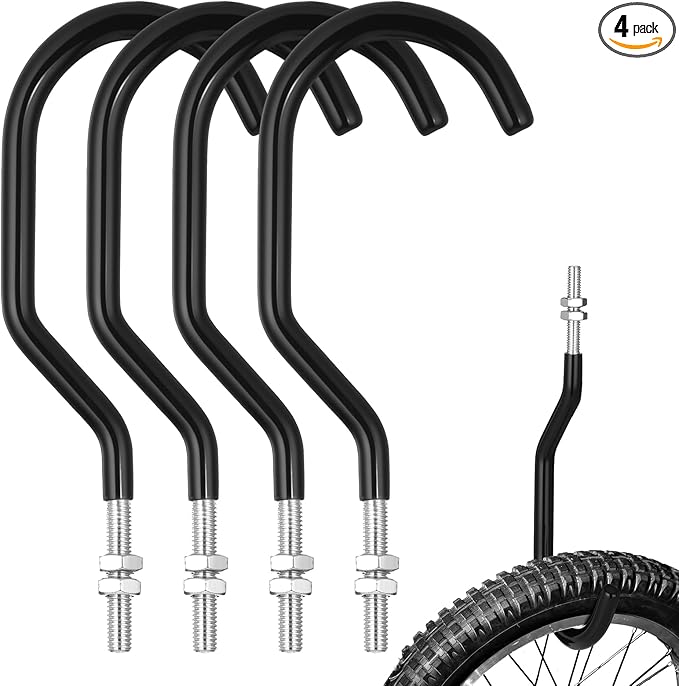Shimeyao 4 Pcs Machine Thread Bicycle Storage Hook with Nut Heavy Duty Bike Hooks M10 x 1.5 Machine Threading Hook Rubber Coated Bicycle Hanger for Hanging Large Mountain Bike Tire (2.17 Inch,Black)