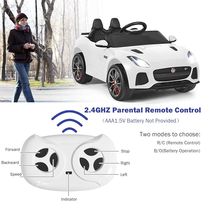 Costzon Ride on Car, 12V Licensed Jaguar F-Type SVR Battery Powered Kids' Electric Vehicles w/Remote Control, Front/Rear Lights, MP3/Music/3 Speeds/Spring Suspension, Kids Car Toy for Toddler(White)