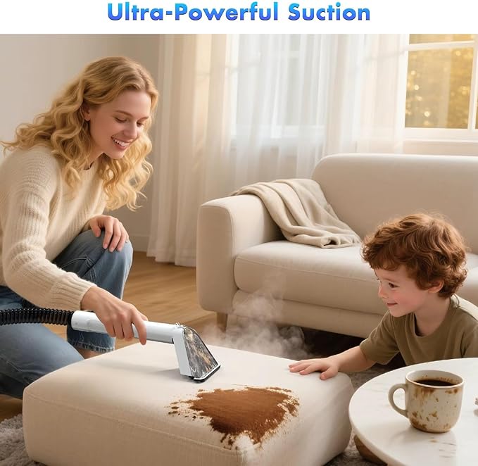 Upholstery Steam Cleaner for Couch & Furniture – 1650W 15KPa Powerful Suction Portable Carpet Spot Cleaner Machine with 4 Cleaning Modes, Ideal for Sofa, Car Seat, Rug, Mattress & Pet Stains, White
