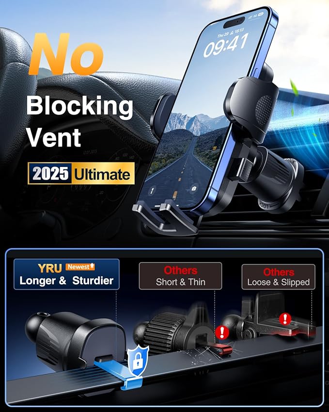 [True Military-Grade & 360 Degrees Rotatable Suction] 2025 YRU Ultimate Car Phone Holder Mount 【90+LBS Safest Strongest & Patent Certs】Dashboard Windshield Vent for iPhone 16 15 Pro Max Samsung, Blue