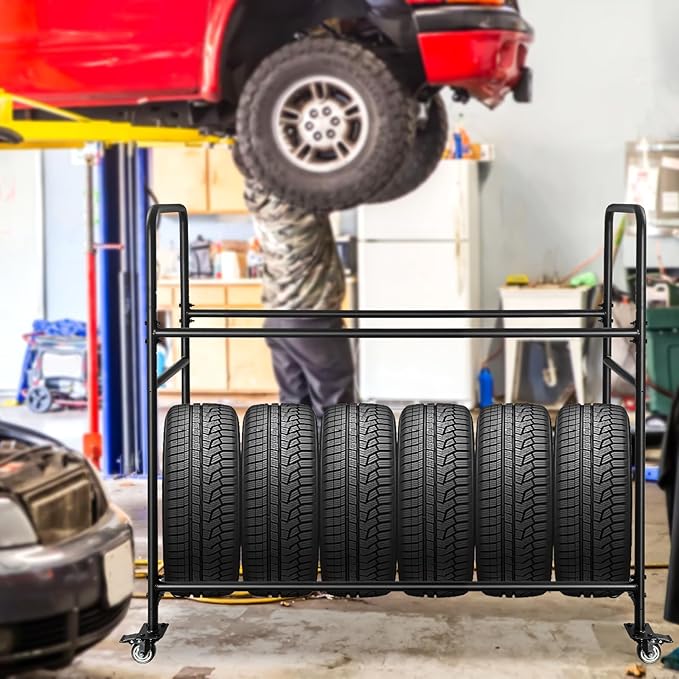Tire Rack, Adjustable Height Metal Rolling Storage Rack 60" x 59" x 21" for Garage, Warehouse, Indoor Outdoor Use, Holds Firewood & Tires