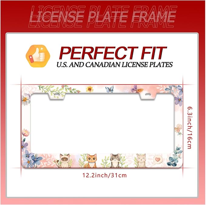 Cat License Plate Frame Beautiful Butterflies Flowers License Plate Holder Funny Personalise Car Stainless Stee Decorative Parts for Standard Us Canada Vehicles 12x6 Inch for Women Men