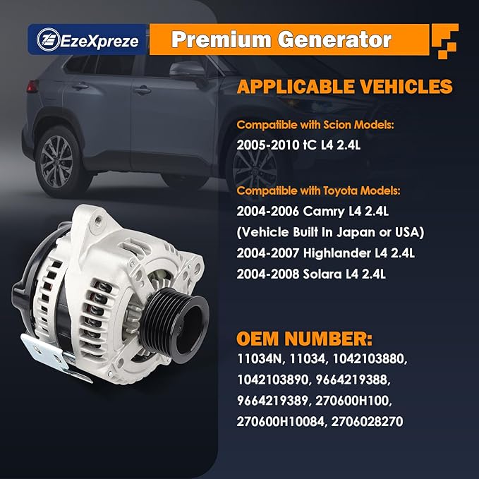 Ezexpreze 11034N Alternator Compatible with Toyota Camry 04-06, Highlander 04-07, Solara 04-08 & Scion tC 05-10, L4 2.4L, 12V 100Amp Clockwise 7-Groove Pulley, OE# 104210-3880, 27060-0H100