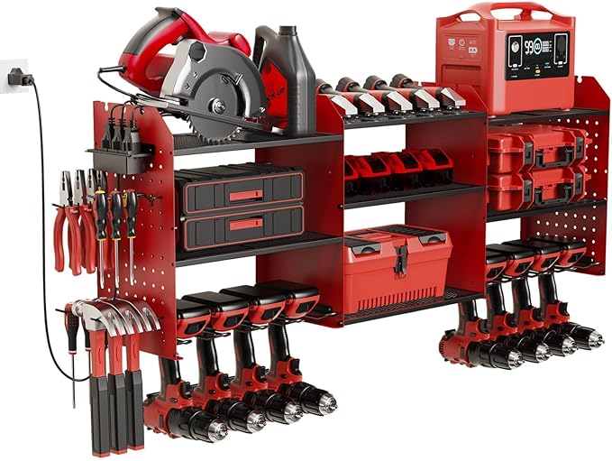Power Tool Organizer with Charging Station Wall Mount, 3 Layer Expanded Heavy Duty Garage Organization, 45.5 Inch Length Garage Tool Storage, 8 Drills, 2 Assemble Method, Red