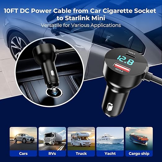 3 in 1 Starlink Mini Cable 10FT, Starlink Mini Car Charger DC Power Cable+Cigarette Lighter Adapter 12V-48V with Digital Display, Durable USB C PD 36W/USB A 18W Ports for Trucks and Cars