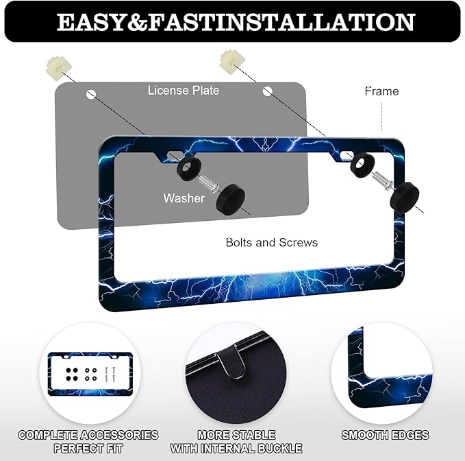 Blue Lightning License Plate Frames - 2 Pack Blue Thunder Stainless Steel License Plate Holder,Rust-Proof Waterproof Car Decorative Tag Frame with Screws Fasteners Caps