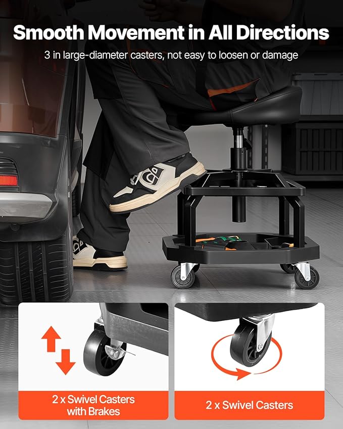 VEVOR Industrial Black Pneumatic Garage Seat/Work Stool with 300 lbs Capacity, Adjustable Height Roller Creeper Seat, 360 Swivel Padded Workshop Stool with Casters, for Garage, Shop & Auto Repair