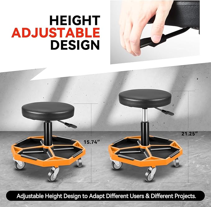 Auto Dynasty Mechanic Stool, Adjustable Rolling Pneumatic Creeper Garage Shop Seat with Tool Tray, 300 LBS Roller Seat for Workshop Auto Repair, Adjustable Height 15.7" to 21", Orange