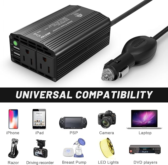 BESTEK 300W Power Inverter DC 12V to 110V AC, Durable Aluminum Housing Car Charger Adapter with 4.8A Dual USB Fast Charging Port, Car Plug in Cigarette Lighter Outlet for Phone, Laptop
